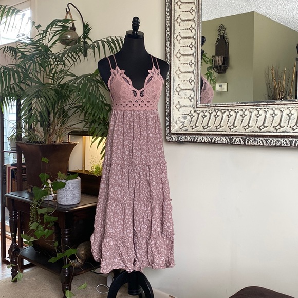 Dusty Rose Lace Floral Midi Dress Adjustable Spaghetti Straps - Picture 2 of 8